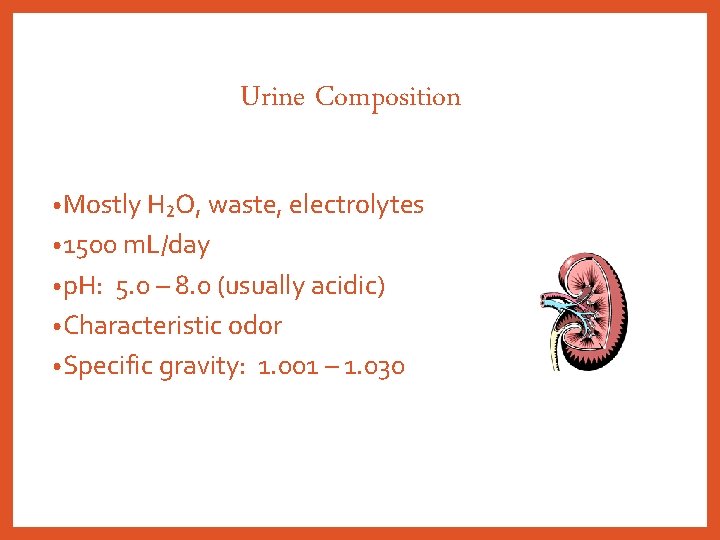 Urine Composition • Mostly H₂O, waste, electrolytes • 1500 m. L/day • p. H: