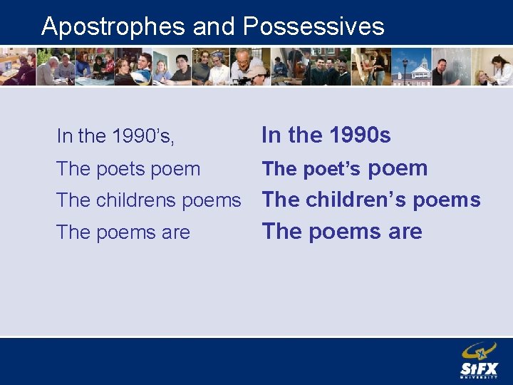 Apostrophes and Possessives The poets poem In the 1990 s The poet’s poem The