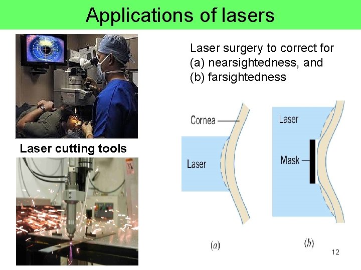 Applications of lasers Laser surgery to correct for (a) nearsightedness, and (b) farsightedness Laser Applications of lasers Laser surgery to correct for (a) nearsightedness, and (b) farsightedness Laser