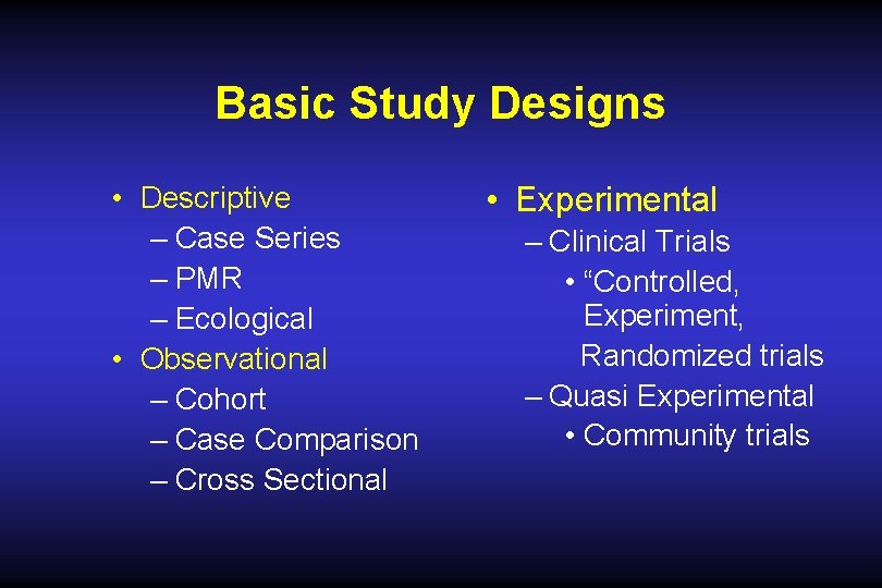 Basic Study Designs • Descriptive – Case Series – PMR – Ecological • Observational Basic Study Designs • Descriptive – Case Series – PMR – Ecological • Observational