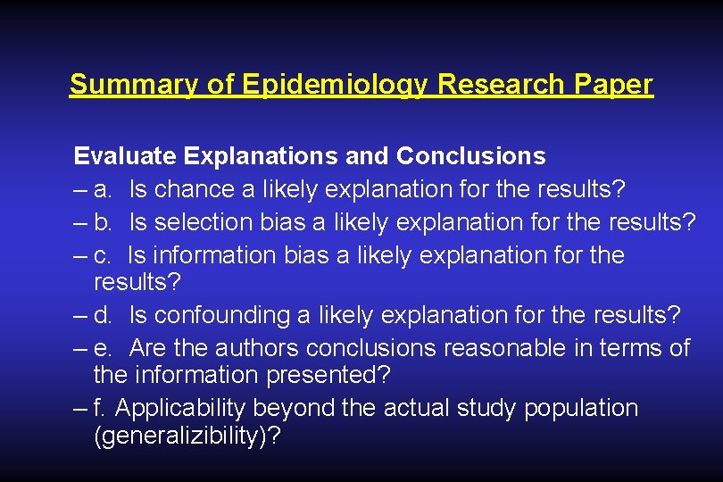 Summary of Epidemiology Research Paper Evaluate Explanations and Conclusions – a. Is chance a Summary of Epidemiology Research Paper Evaluate Explanations and Conclusions – a. Is chance a