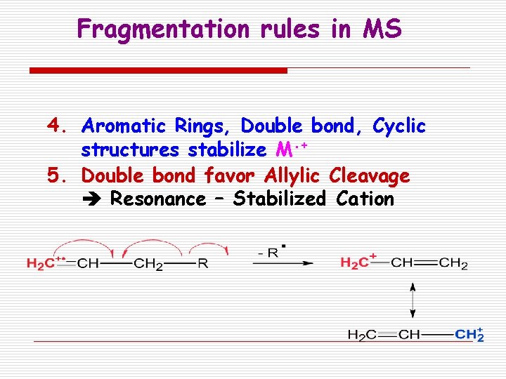 Fragmentation rules in MS 4. Aromatic Rings, Double bond, Cyclic structures stabilize M. +