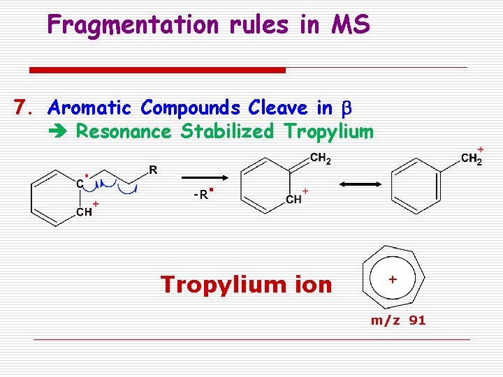 Fragmentation rules in MS 7. Aromatic Compounds Cleave in b Resonance Stabilized Tropylium -R