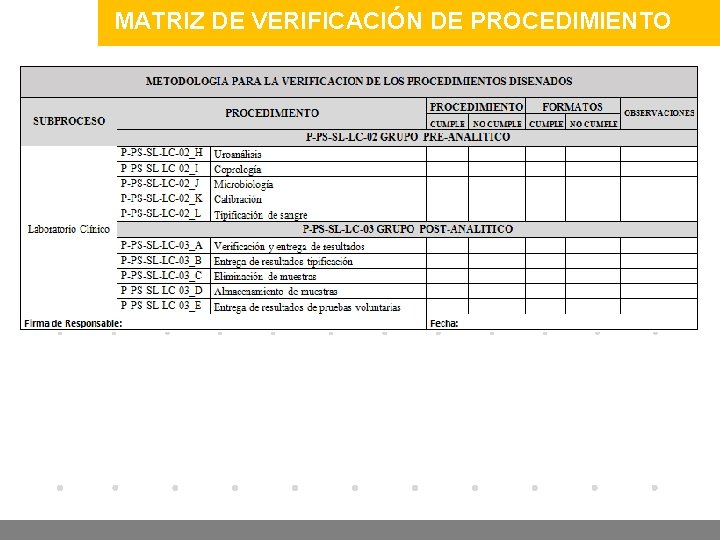 MATRIZ DE VERIFICACIÓN DE PROCEDIMIENTO www. company. com 