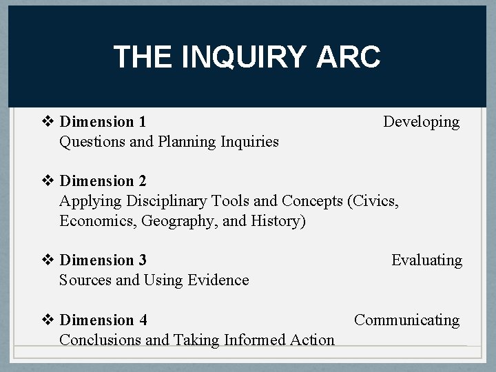 THE INQUIRY ARC v Dimension 1 Questions and Planning Inquiries Developing v Dimension 2