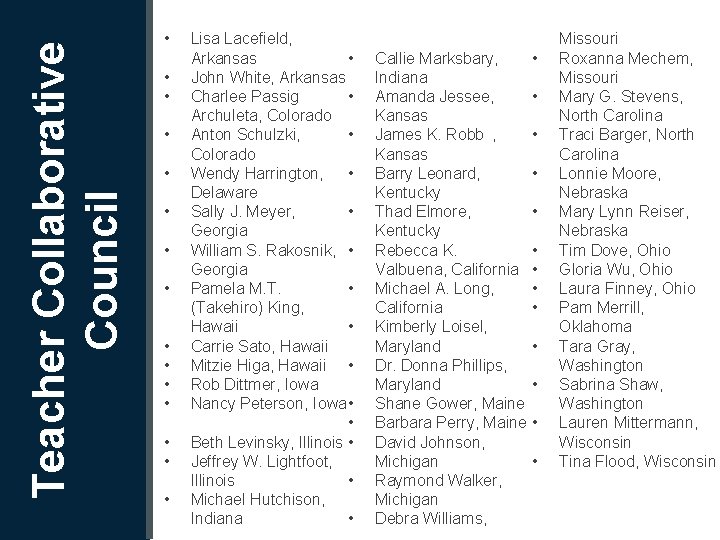  • • Council How was it developed? Teacher Collaborative • • • Lisa