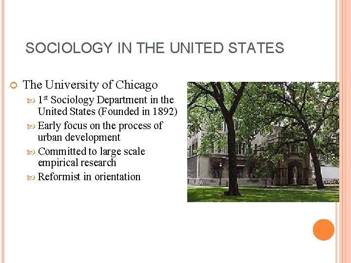 SOCIOLOGY IN THE UNITED STATES The University of Chicago 1 st Sociology Department in