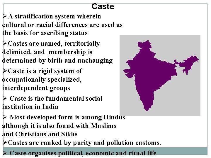 Caste ØA stratification system wherein cultural or racial differences are used as the basis