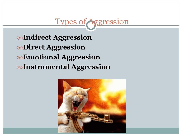 Types of Aggression Indirect Aggression Direct Aggression Emotional Aggression Instrumental Aggression 