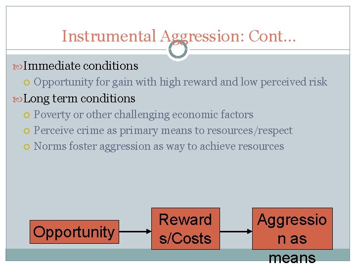 Instrumental Aggression: Cont… Immediate conditions Opportunity for gain with high reward and low perceived