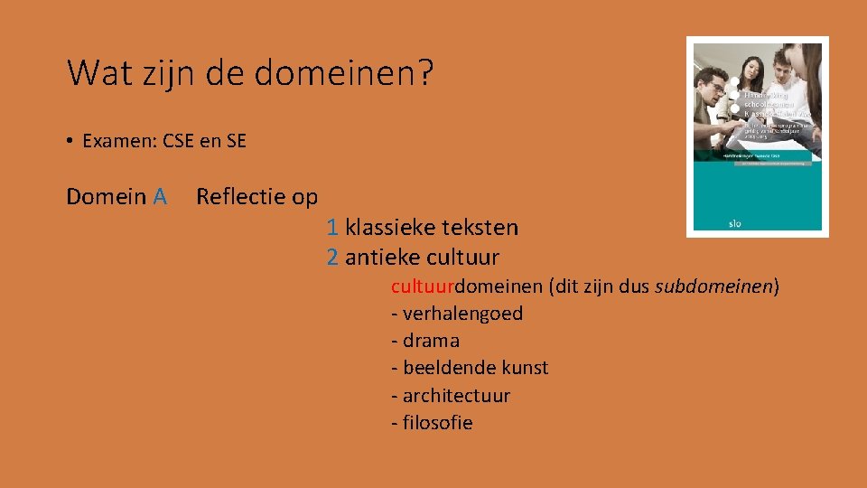 Wat zijn de domeinen? • Examen: CSE en SE Domein A Reflectie op 1