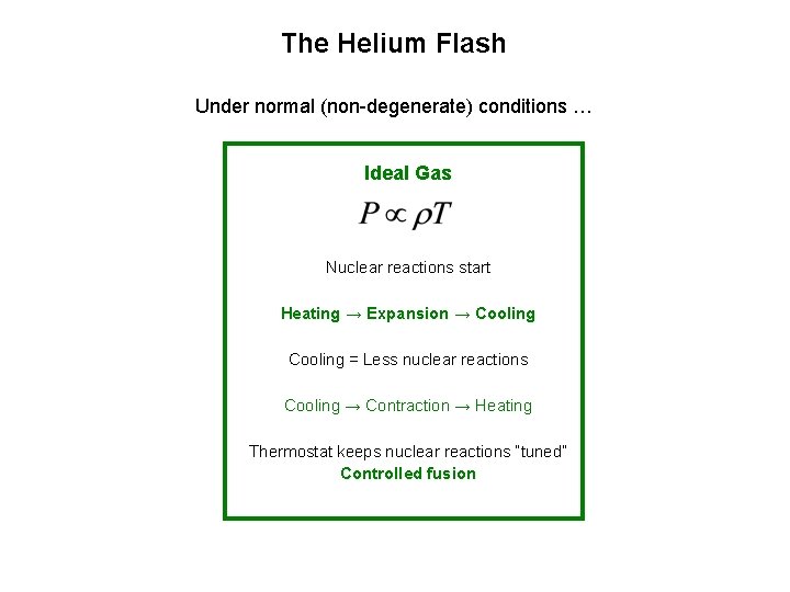 The Helium Flash Under normal (non-degenerate) conditions … Ideal Gas Nuclear reactions start Heating