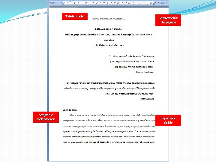 Título corto Sangría o indentación Numeración de página Espaciado doble 