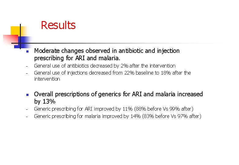 Results n – – Moderate changes observed in antibiotic and injection prescribing for ARI