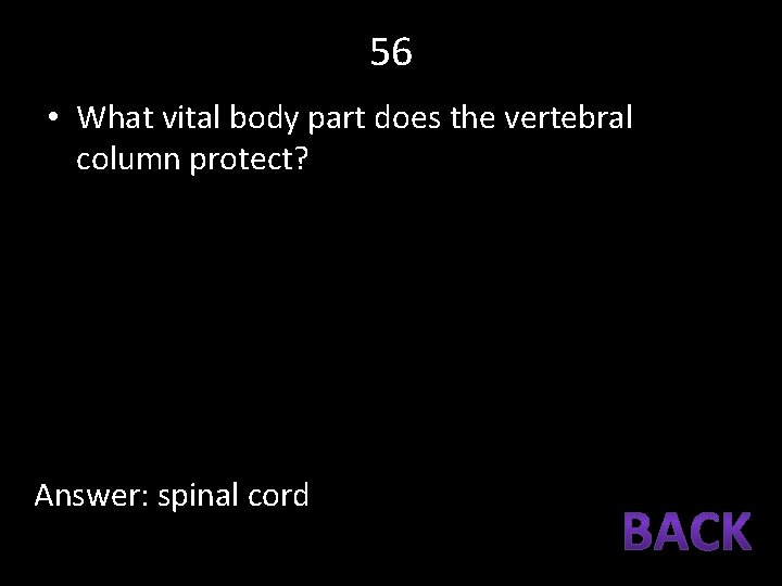 56 • What vital body part does the vertebral column protect? Answer: spinal cord