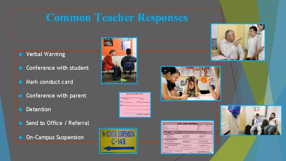 Common Teacher Responses Verbal Warning Conference with student Mark conduct card Conference with parent