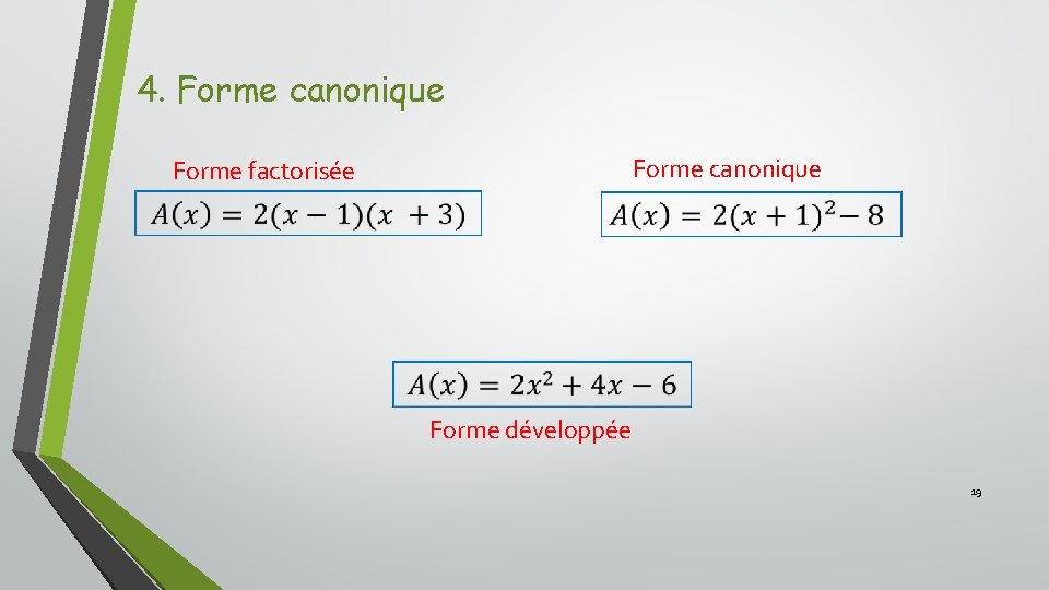 4. Forme canonique Forme factorisée Forme développée 19 