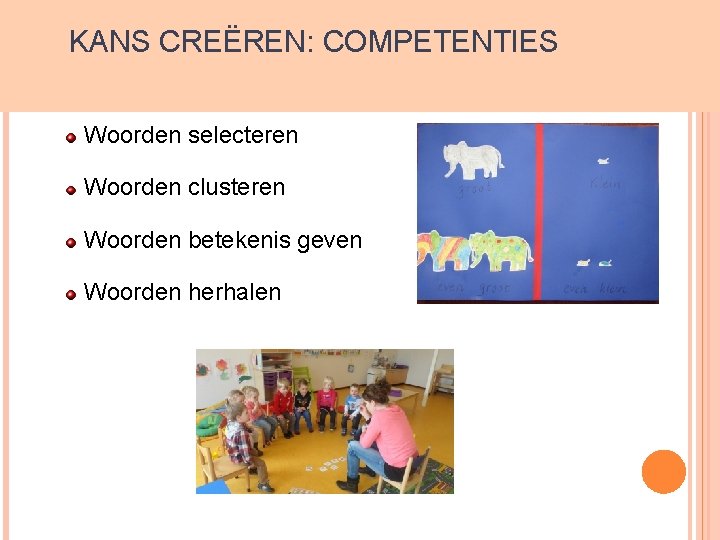 KANS CREËREN: COMPETENTIES Woorden selecteren Woorden clusteren Woorden betekenis geven Woorden herhalen 