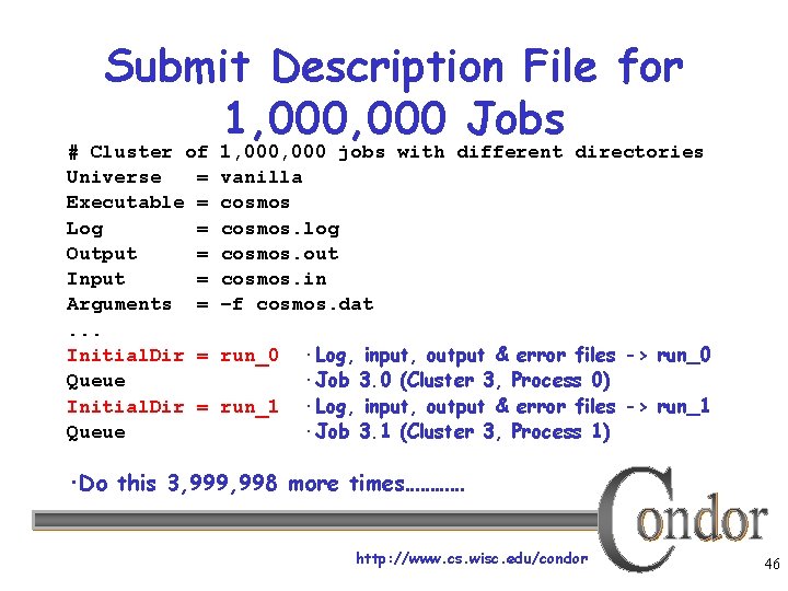 Submit Description File for 1, 000 Jobs # Cluster of Universe = Executable =