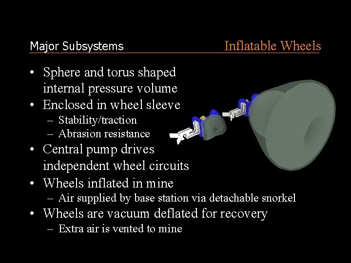 Major Subsystems Inflatable Wheels • Sphere and torus shaped internal pressure volume • Enclosed