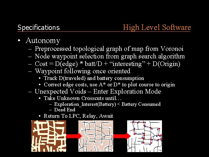 Specifications High Level Software • Autonomy – – Preprocessed topological graph of map from