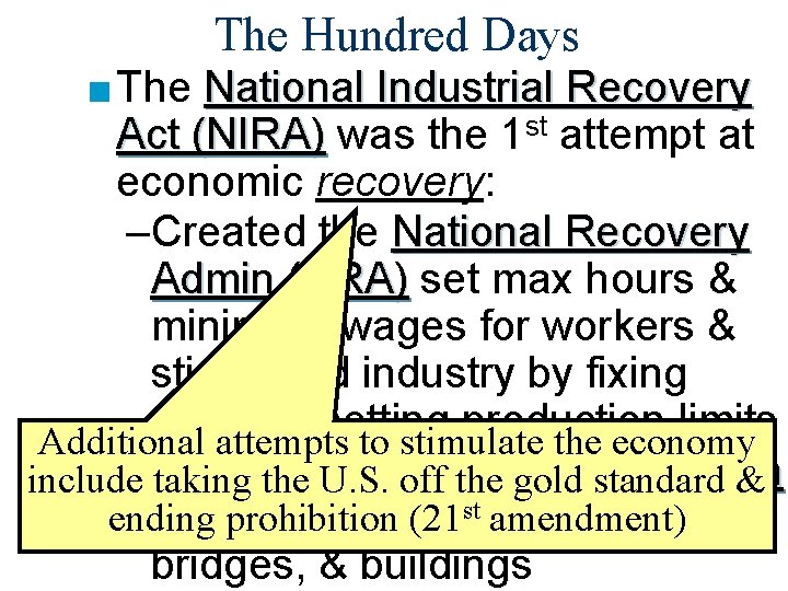 The Hundred Days ■ The National Industrial Recovery Act (NIRA) was the 1 st