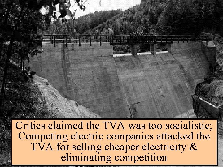 The Tennessee Valley Authority Critics claimed the TVA was too socialistic; Competing electric companies