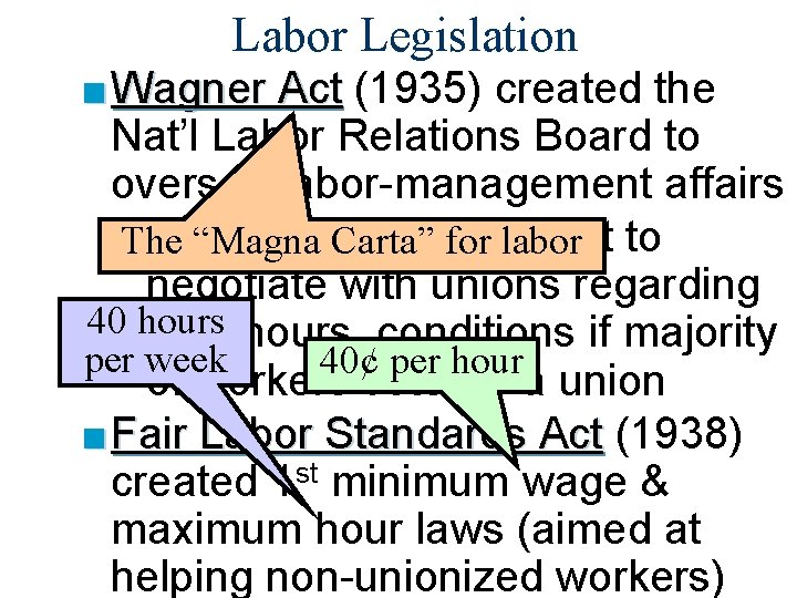Labor Legislation ■ Wagner Act (1935) created the Nat’l Labor Relations Board to oversee