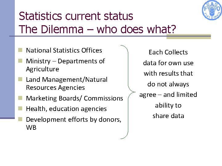 Statistics current status The Dilemma – who does what? n National Statistics Offices n