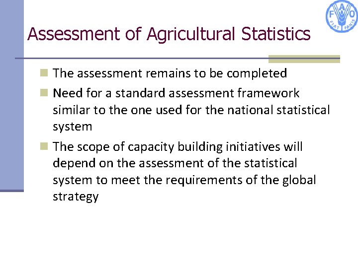 Assessment of Agricultural Statistics n The assessment remains to be completed n Need for