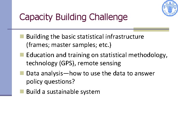Capacity Building Challenge n Building the basic statistical infrastructure (frames; master samples; etc. )