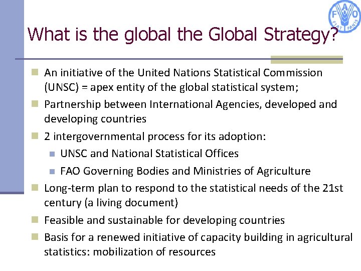 What is the global the Global Strategy? n An initiative of the United Nations