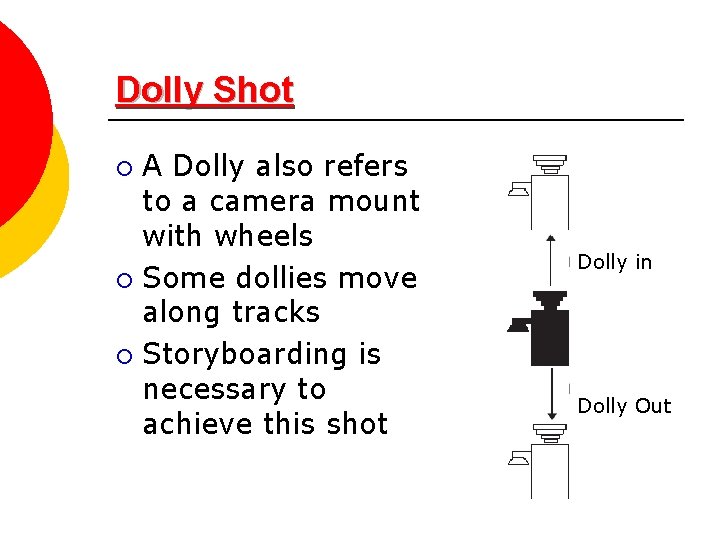 Dolly Shot A Dolly also refers to a camera mount with wheels ¡ Some