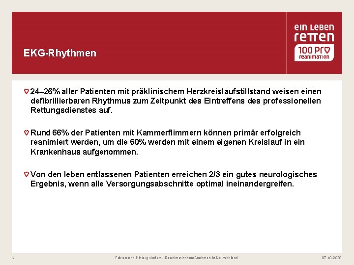 EKG-Rhythmen 24– 26% aller Patienten mit präklinischem Herzkreislaufstillstand weisen einen defibrillierbaren Rhythmus zum Zeitpunkt