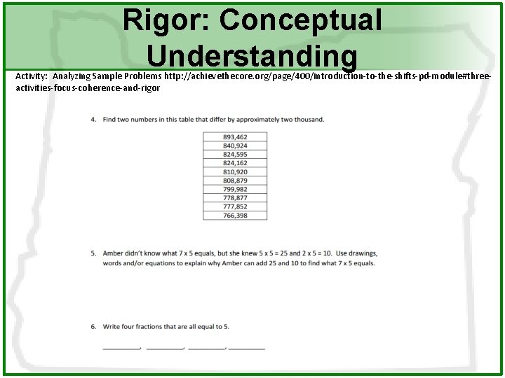 Rigor: Conceptual Understanding Activity: Analyzing Sample Problems http: //achievethecore. org/page/400/introduction-to-the-shifts-pd-module#threeactivities-focus-coherence-and-rigor 