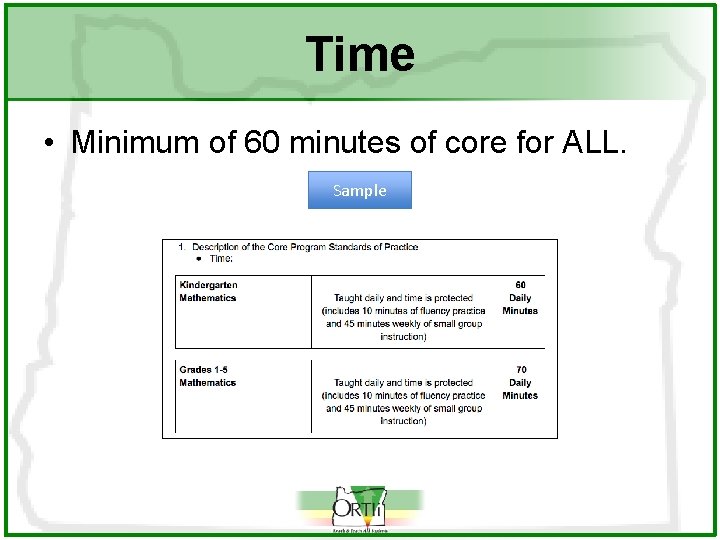 Time • Minimum of 60 minutes of core for ALL. Sample Time • Minimum of 60 minutes of core for ALL. Sample