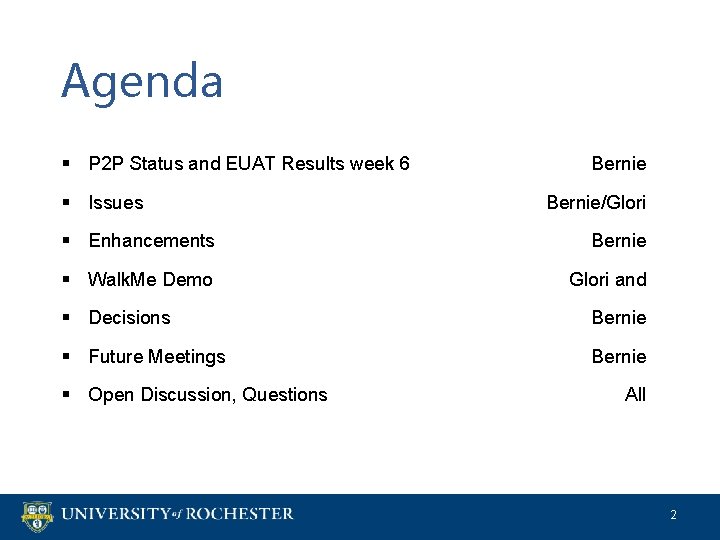 Agenda § P 2 P Status and EUAT Results week 6 § Issues Bernie/Glori