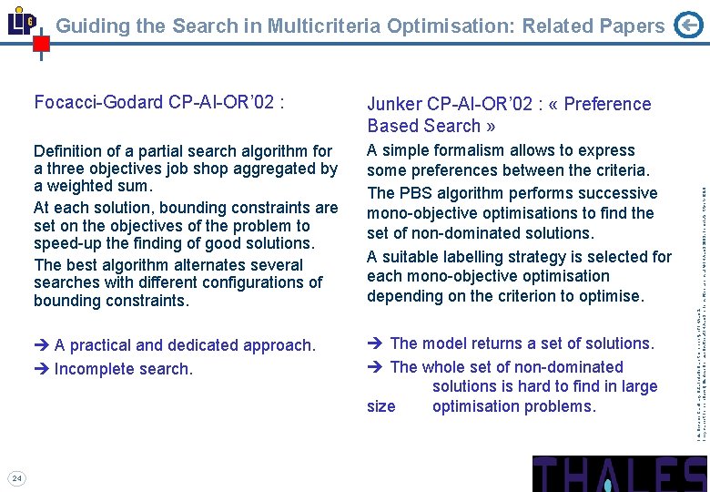 24 Focacci-Godard CP-AI-OR’ 02 : Junker CP-AI-OR’ 02 : « Preference Based Search »