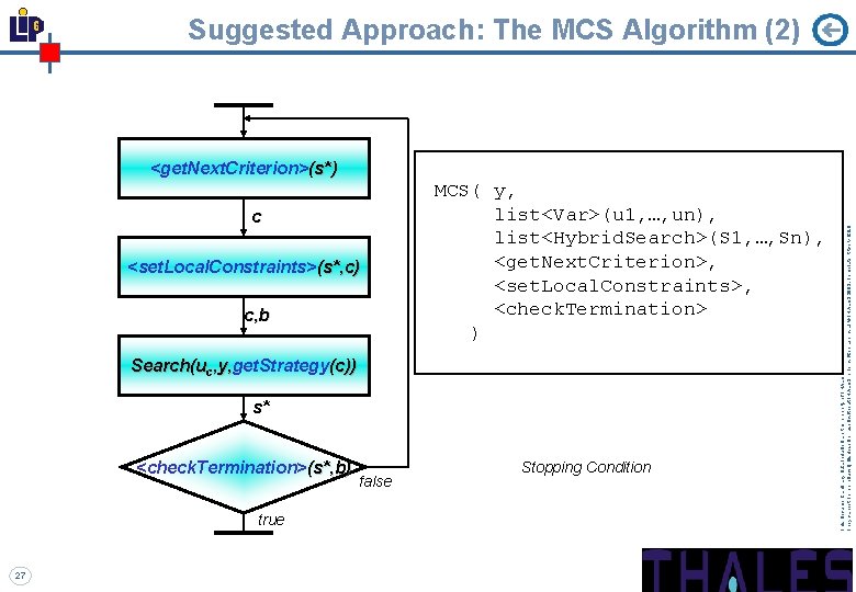 Suggested Approach: The MCS Algorithm (2) c <set. Local. Constraints>(s*, c) c, b MCS(