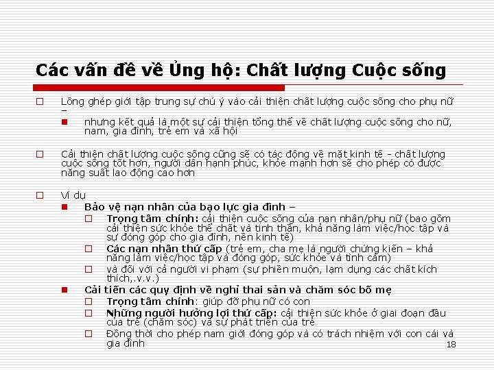 Các vấn đề về Ủng hộ: Chất lượng Cuộc sống o Lồng ghép giới