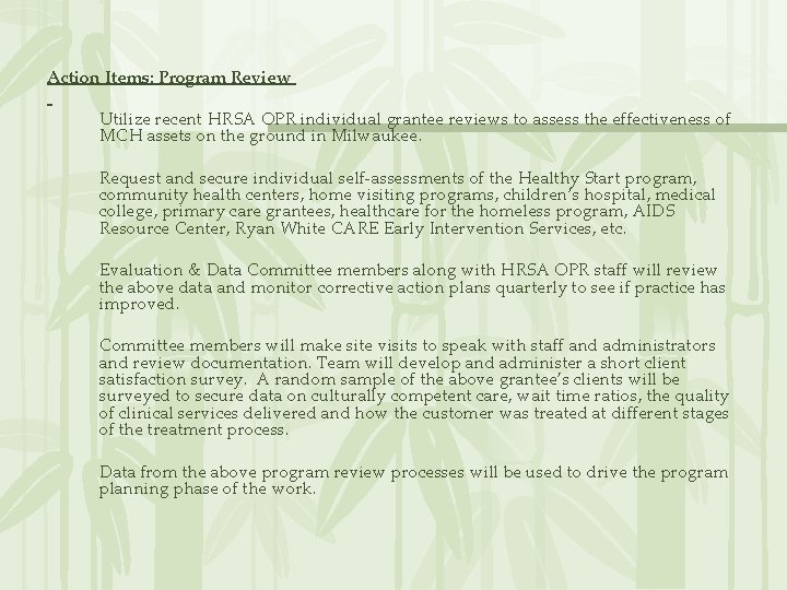 Action Items: Program Review Utilize recent HRSA OPR individual grantee reviews to assess the