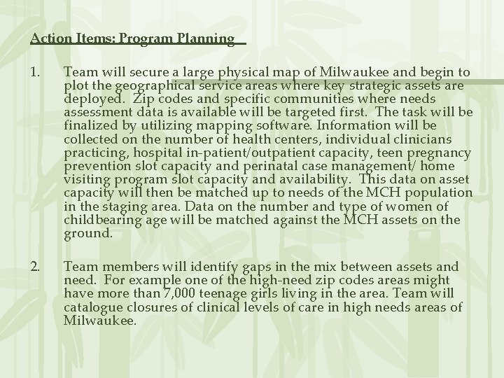 Action Items: Program Planning 1. Team will secure a large physical map of Milwaukee