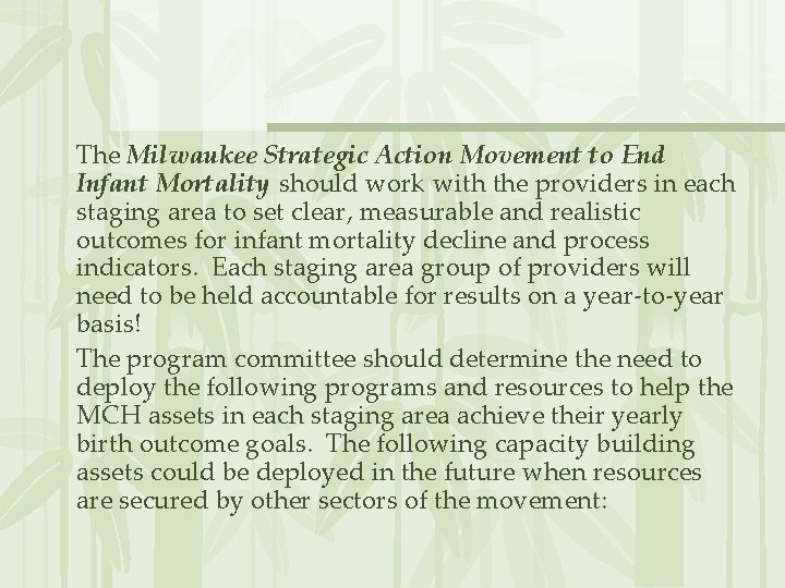 The Milwaukee Strategic Action Movement to End Infant Mortality should work with the providers