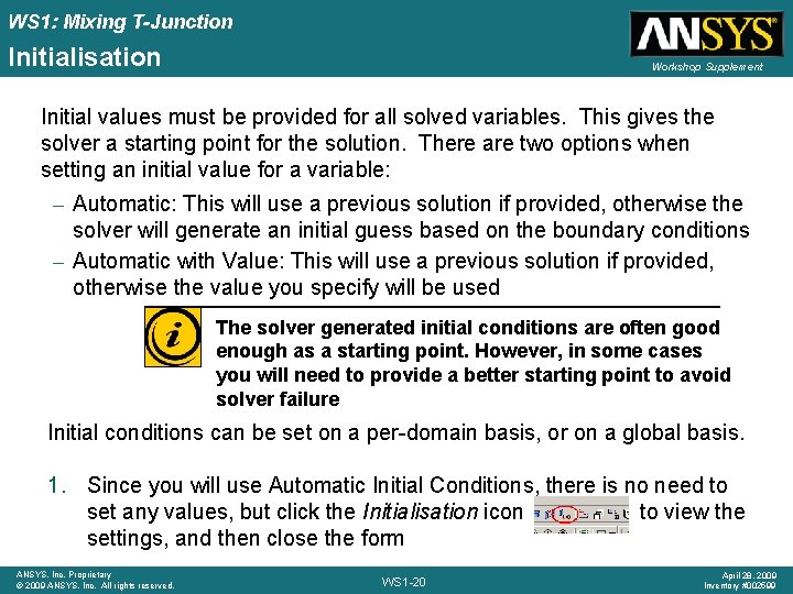 WS 1: Mixing T-Junction Initialisation Workshop Supplement Initial values must be provided for all