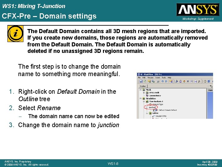 WS 1: Mixing T-Junction CFX-Pre – Domain settings Workshop Supplement The Default Domain contains