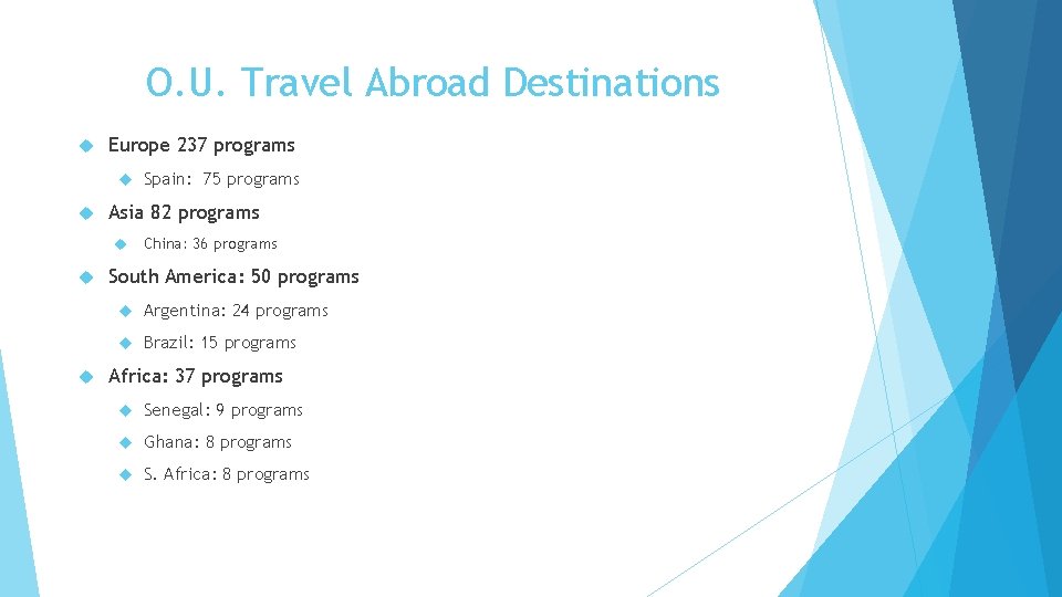 O. U. Travel Abroad Destinations Europe 237 programs Asia 82 programs Spain: 75 programs