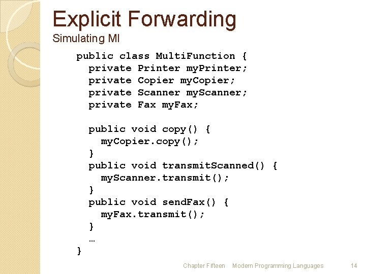 Explicit Forwarding Simulating MI public class Multi. Function { private Printer my. Printer; private