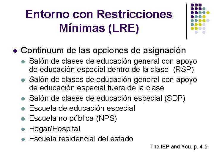 Entorno con Restricciones Mínimas (LRE) l Continuum de las opciones de asignación l l