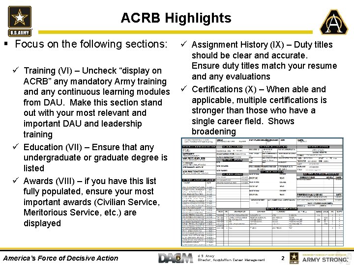ACRB Highlights § Focus on the following sections: ü Training (VI) – Uncheck “display