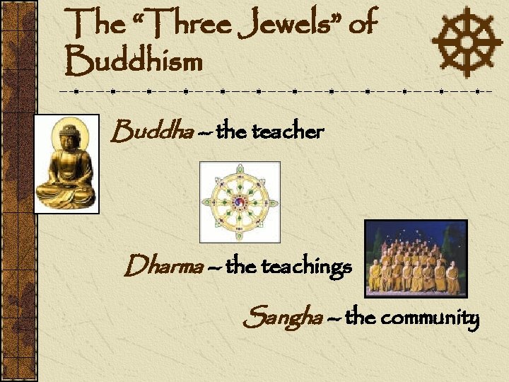 The “Three Jewels” of Buddhism Buddha – the teacher Dharma – the teachings Sangha